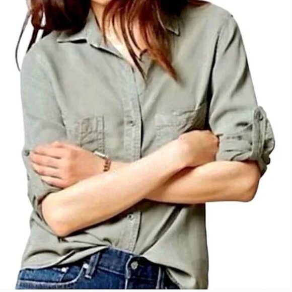 Cloth & Stone Anthropologie Green Split Back Buttondown High Low Shirt size S - Picture 2 of 15